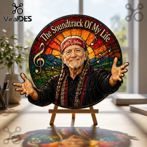 Willie Nelson stained glass suncatcher on a wooden stand with text reading The Soundtrack Of My Life.!