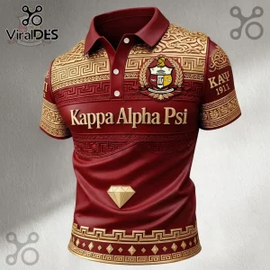 Kappa Alpha Psi crimson and gold polo shirt with fraternity crest, greek key patterns, and diamond icon detail.!