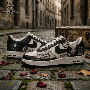 Custom low-top sneakers featuring My Chemical Romance artwork, black leather swooshes, and The Black Parade graphic motifs.!