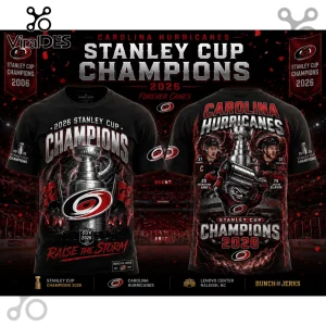 Carolina Hurricanes 2026 Stanley Cup Champions black t-shirt with storm graphics, player portraits, and trophy imagery.!