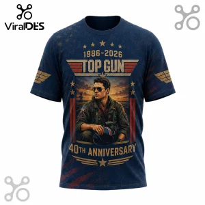 Navy blue Top Gun 40th anniversary t-shirt featuring Maverick with sunglasses and helmet under a sunset sky graphic.!