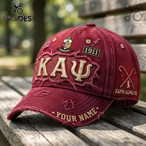 Distressed crimson baseball cap with embroidered KAPPA ALPHA PSI, 1911 patch, crest, and personalized name text.!