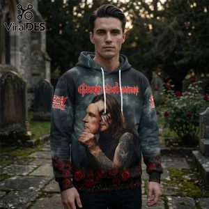 Ozzy Osbourne graphic hoodie featuring an all-over print of the musician holding a mask, red roses, and lightning graphics.!