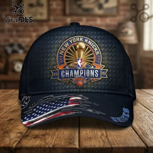 New York Knicks 2026 Champions baseball cap with Larry O'Brien trophy logo, diamond plate texture, and distressed flag print.!