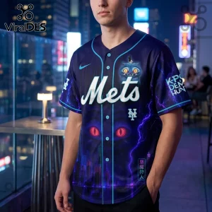 New York Mets baseball jersey in navy with purple lightning, cat graphic, glowing red eyes, and Japanese kanji text.!