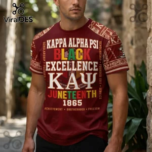 Kappa Alpha Psi crimson t-shirt featuring Greek letters, Black Excellence, Juneteenth 1865 text, and patterned sleeves.!