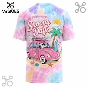 Tie-dye t-shirt featuring Snoopy driving a pink vintage car with surfboards, palm trees, and the text Snoopy Days.!
