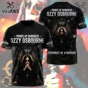 Black all-over print t-shirt featuring Ozzy Osbourne, gothic cathedral art, text Prince of Darkness and Memories of a Madman.!