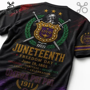 Black Omega Psi Phi Juneteenth t-shirt featuring a knight helmet, shield, crossed swords, and gold greek lettering.!