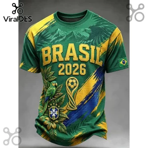 Green Brazil soccer jersey with yellow lettering reading BRASIL 2026, a parrot, trophy graphic, and CBF crest logo.!