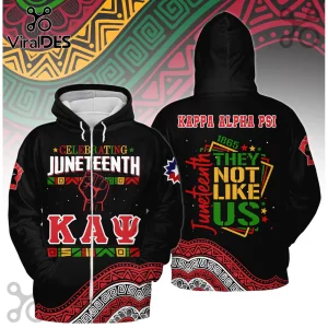 Black zip-up hoodie featuring Kappa Alpha Psi fraternity branding, Juneteenth text, raised fist icon, and African patterns.!
