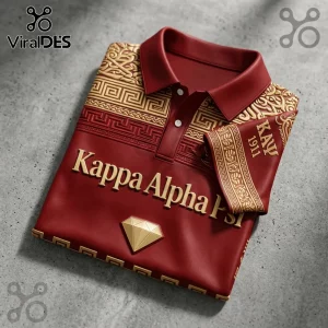 Kappa Alpha Psi polo shirt in crimson red with gold Greek key patterns, 3D text, diamond icon, and 1911 branding.!