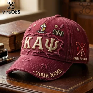 Distressed maroon baseball cap featuring embroidered Kappa Alpha Psi Greek letters, 1911 emblem, and customizable text.!