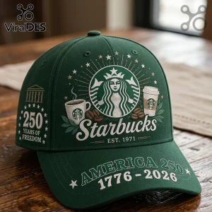 Dark green baseball cap with embroidered Starbucks logo, coffee cup, beans, and America 250 1776-2026 text on brim.!
