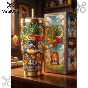 Dragon Ball 40th anniversary metal tumbler featuring Shenron, Goku on Nimbus, seven dragon balls, and gold accents.!