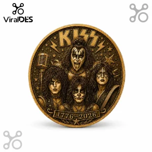 Bronze circular KISS band commemorative coin featuring members in makeup, a microphone, and the years 1776-2026.!