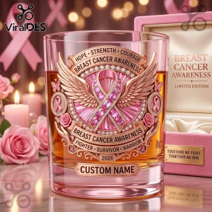 Whiskey glass with rose gold breast cancer awareness design, ribbon, wings, and text including 2026 and custom name space.!