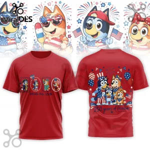 Red t-shirt featuring Bluey characters in patriotic American-themed clothing with text Patriotic Pals 250th and freedom.!