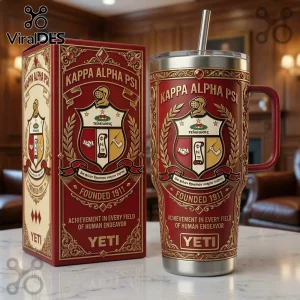 Kappa Alpha Psi branded red and gold stainless steel Yeti tumbler and matching box with fraternity crest and 1911 text.!