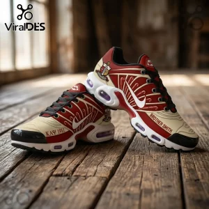 Kappa Alpha Psi branded running sneakers in red and cream with Brother Smith and K A P 1911 text on wooden floor.!
