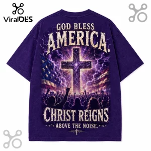 Purple vintage-wash t-shirt with a back print of a cross, American flags, lightning, and a crowd at a rock concert.!