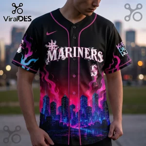 Seattle Mariners baseball jersey featuring black fabric, neon pink and blue city skyline flames, and button-down front.!