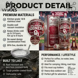 Oklahoma Sooners 2026 NCAA Baseball Champions stainless steel tumbler with matching gift box and championship ring.!
