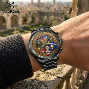 Sonic the Hedgehog 35th anniversary black stainless steel chronograph watch with character art dial on wrist.!