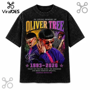 Black mineral wash t-shirt featuring Oliver Tree graphic print with text In Loving Memory of Oliver Tree 1993-2026.!