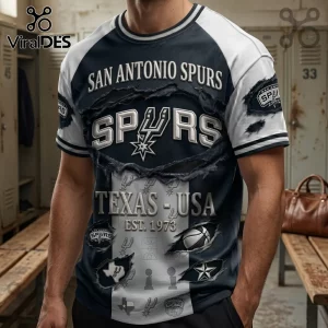 San Antonio Spurs raglan t-shirt featuring distressed claw marks, team logos, Texas map, and basketball graphics.!