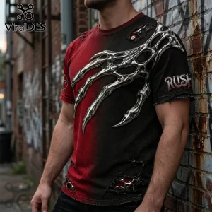 Black and red distressed t-shirt featuring a 3D metallic silver claw graphic and the text Rush on the sleeve.!