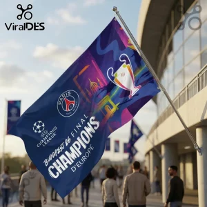 Paris Saint-Germain UEFA Champions League Budapest 26 Final flag featuring the trophy logo on a blue fabric background.!