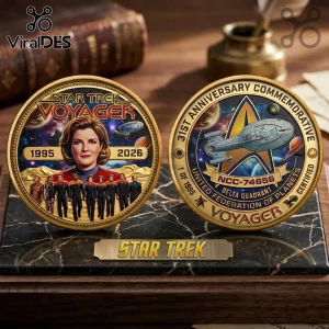 Two Star Trek Voyager 31st anniversary commemorative gold coins featuring Captain Janeway, the crew, and the NCC-74656 ship.!