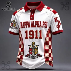 Kappa Alpha Psi polo shirt in white and red with 1911 text, fraternity crest, and checkered side panels.!