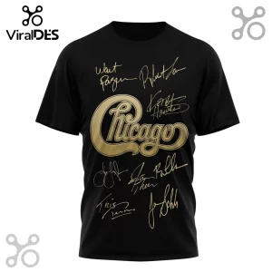 Black short-sleeve t-shirt with metallic gold Chicago band logo and printed band member signatures on the chest.!