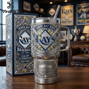 Tampa Bay Rays themed stainless steel tumbler with ornate silver filigree, blue and yellow gems, and Tropicana Field relief.!