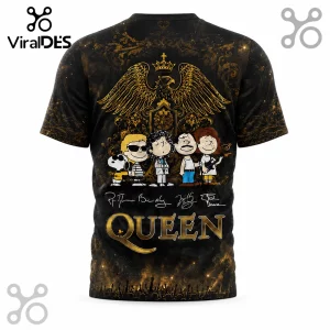 Black t-shirt featuring Peanuts characters as Queen band members under a gold eagle crest with Queen logo and signatures.!