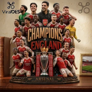 Arsenal Premier League 2025/2026 champions trophy figurine featuring players and manager Mikel Arteta in red kits.!