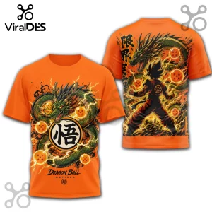 Orange graphic t-shirt featuring Shenron dragon, Goku, and Dragon Balls with Japanese kanji text.!