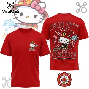 Red t-shirt featuring Hello Kitty dressed as a firefighter, with text reading Hello Kitty Fire Dept on the back and front.!