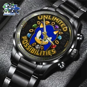Sonic the Hedgehog watch with black metal band, blue Sonic face, gold text UNLIMITED POSSIBILITIES, and colored gem accents.!