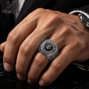 San Antonio Spurs championship-style silver ring featuring a black stone center and the team logo on a man's finger.!