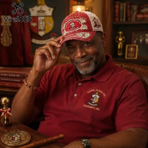 Man wearing red distressed Kappa Alpha Psi cap and polo shirt with fraternity crests in a decorated study room.!