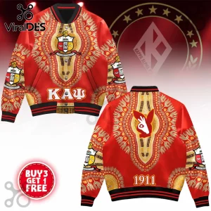 Kappa Alpha Psi letterman jacket in red and gold with Greek letters, fraternity crest, and 1911 graphic on the back.!