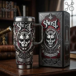 Ghost band Opus Eponymous 40oz stainless steel travel tumbler with 3D embossed silver mask, red accents, and metal straw.!