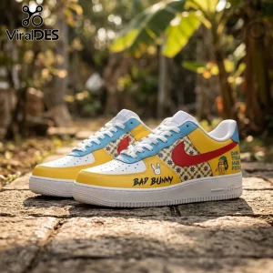 Custom Bad Bunny leather sneakers featuring yellow, blue, and white panels with red swoosh and star pattern graphics.!