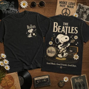 Vintage black t-shirt featuring Snoopy playing guitar with The Beatles logo and Good Music, Good Friends, Good Days text.!