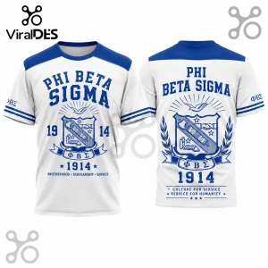Phi Beta Sigma white t-shirt with blue trim, crest graphic, 1914 date, and brotherhood text on front and back.!