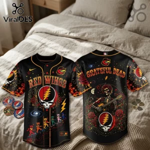 Black Grateful Dead Red Wings baseball jersey with skeleton guitarist, dancing bears, and red roses on white bedding.!
