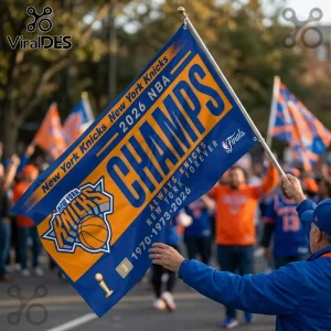 New York Knicks 2026 NBA Champions flag in blue and orange featuring the team logo and championship years 1970 and 2026.!